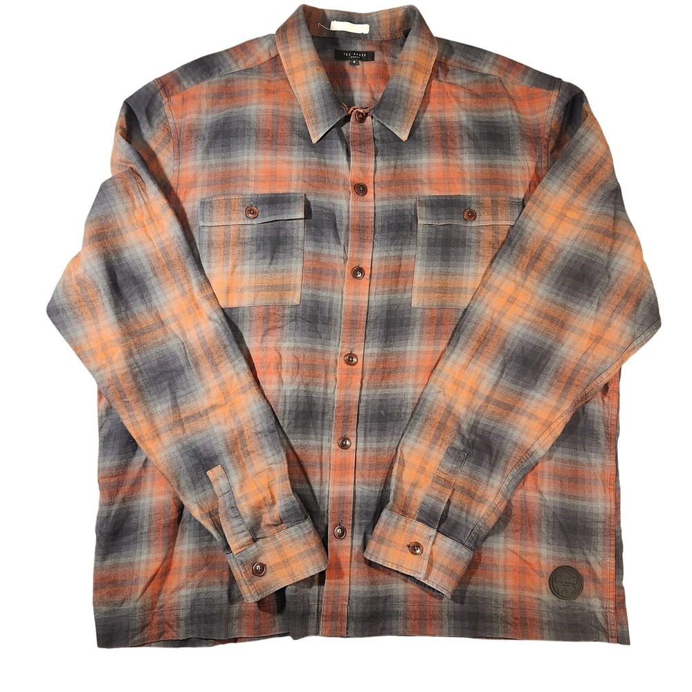 Ted Baker Shirt Mens 2XL Orange Gray Plaid 100% Cotton Button Front MMA Lecture